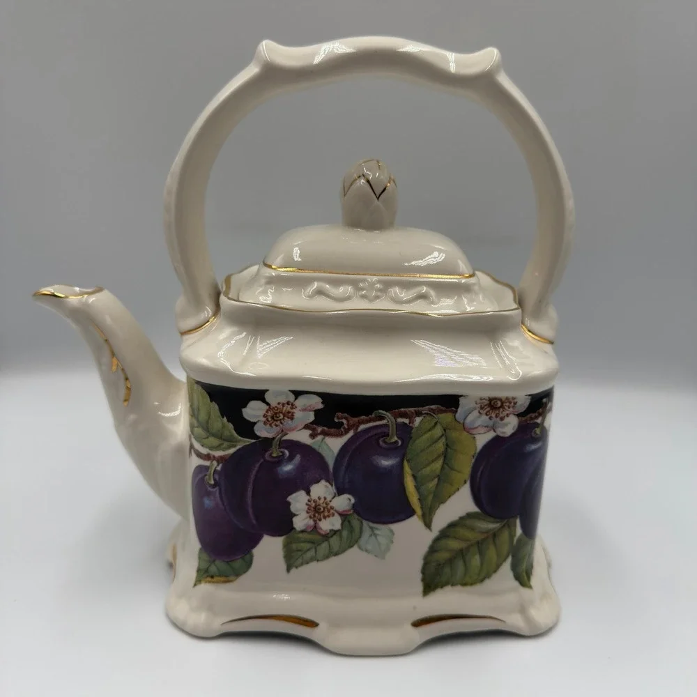 VTG Crown Dorset Staffordshire England Plum Floral Rectangular Teapot Gold Trim